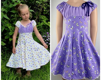 Robe d’été robe en coton robe en jersey robe pivotante robe de fête robe d’école papillons paillettes violet blanc