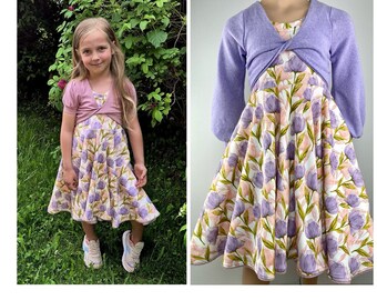 Plate dress jersey dress party dress long sleeve or short sleeve bolero layered look flowers purple