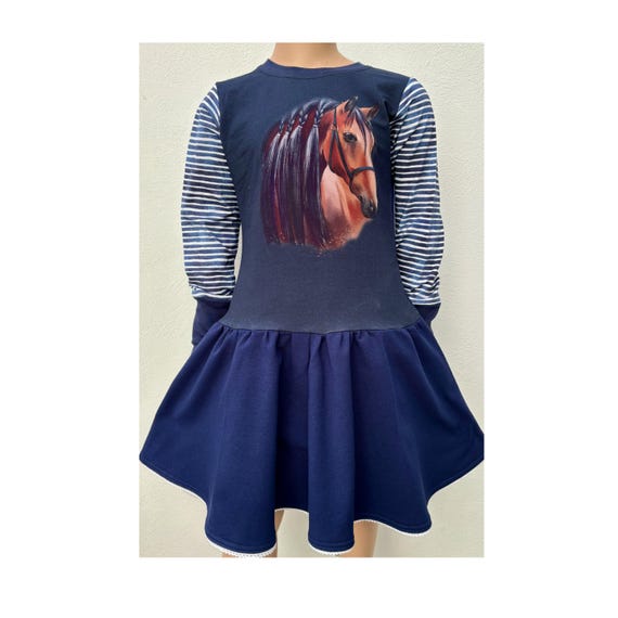 98/104 Girls' Dress Sweat Dress Swing Dress Cuddly Dress Horse Horse Motif