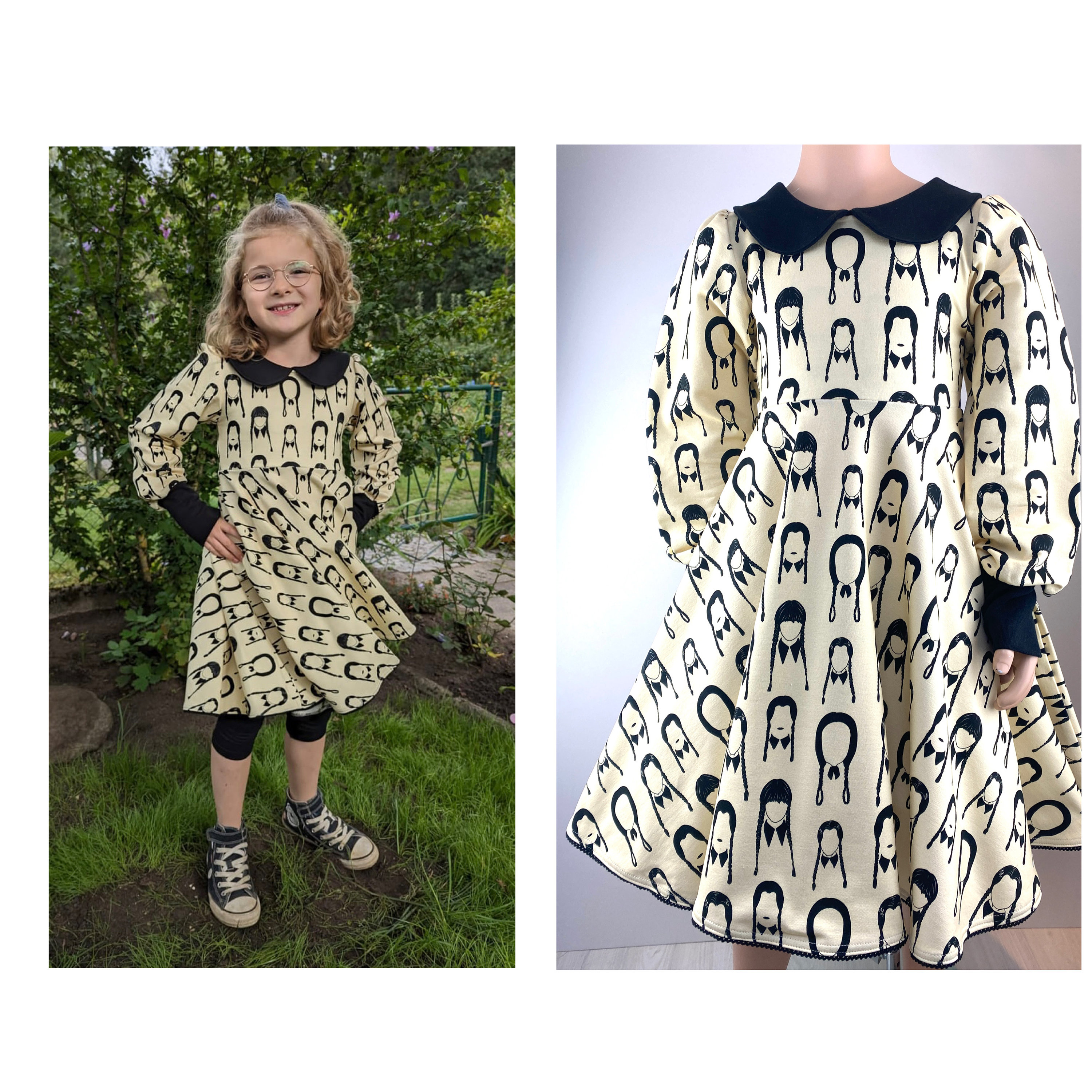 Wednesday Addams Black Dress for Kid Long Sleeves White -  Denmark