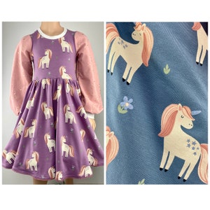 Abito in jersey, abito a maniche lunghe, abito girevole, abito a piastra, unicorno glitterato viola o blu petrolio