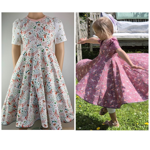 Drehkleid Sommerkleid Jerseykleid Tellerkleid Puffärmel Elfen und Einhorn rosa oder weiß