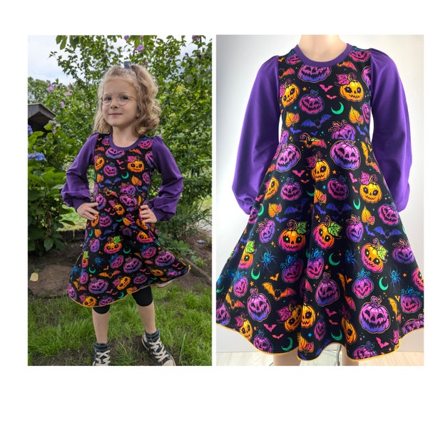 Kleid Baumwollkleid Sweatkleid Halloween Kürbisse lila Partykleid