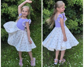 Muslin dress with jersey top and double circle skirt, floral color choice
