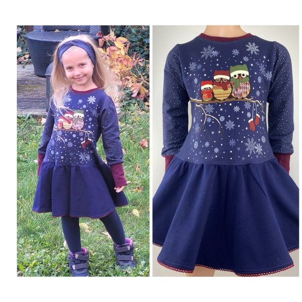 Robe pour filles, robe sweat, robe pivotante, robe câline, robe de Noël, hiboux