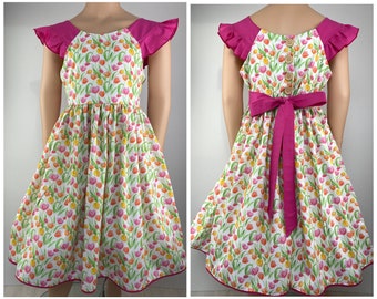 Dress summer dress cotton dress swivel dress school dress cap sleeves tulips pink