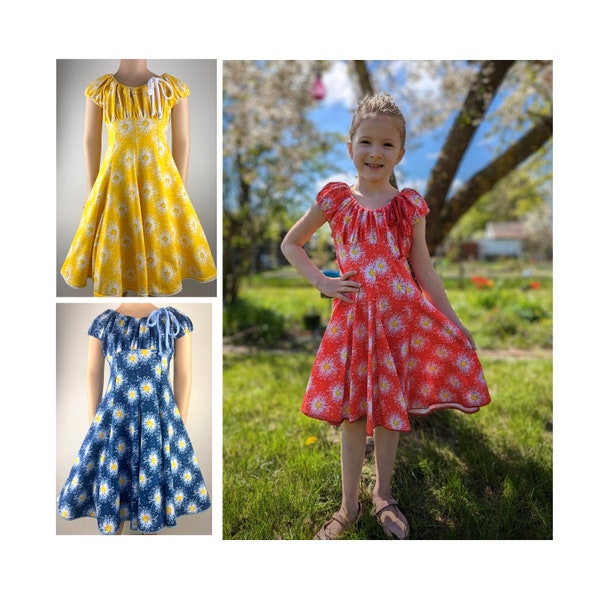 Kleid Sommerkleid Baumwollkleid Jerseykleid Drehkleid Festkleid Einschulungskleid Blüten Farbwahl rot blau gelb