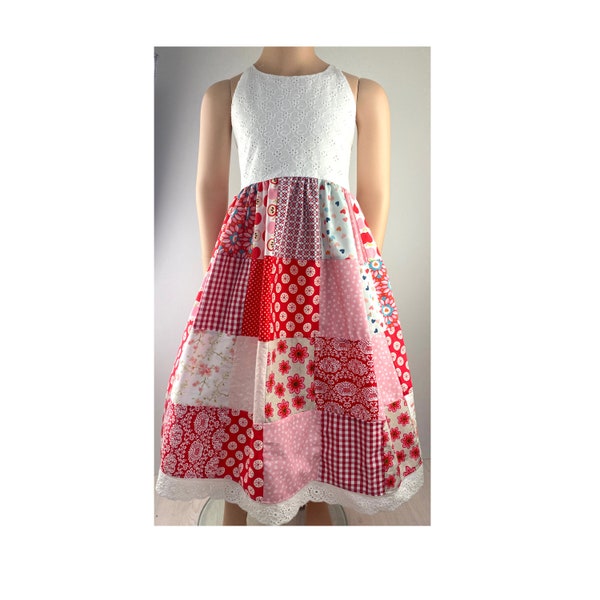 134/140 Dress Summer Dress Patchwork Rotating Dress Bib Skirt Unique Red