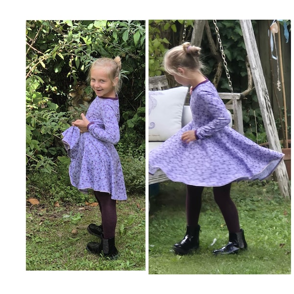 Circle dress with flowers in purple or lilac with sleeve length of your choice
