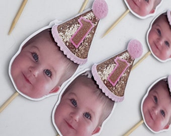 First birthday cupcake topper with photo, Cupcake topper with face picture, First birthday party, number 1 cake topper with custom picture