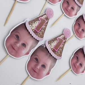 Décorations personnalisées pour cupcakes photo d'anniversaire (premier anniversaire), décorations de fête personnalisées avec le visage