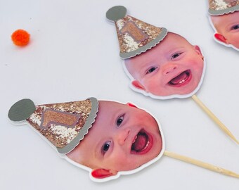 First birthday cupcake topper with photo, First birthday party, number 1 cake topper with custom picture, safari themed birthday cake topper