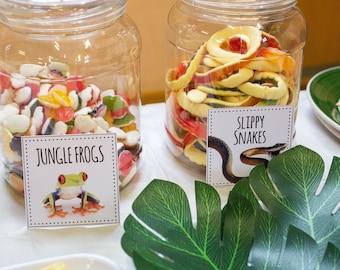 May include: Two glass jars filled with colorful candies. The jar on the left contains gummy candies labeled "Jungle Frogs" with a picture of a green frog. The jar on the right contains gummy rings labeled "Slippery Snakes" with a picture of a snake.