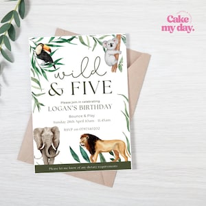 May include: A jungle-themed birthday invitation with the text "wild & FIVE". Illustrations of a toucan, koala, elephant, and lion decorate the invitation. The invitation includes the name "LOGAN'S BIRTHDAY" and RSVP details, with a request for dietary requirements.