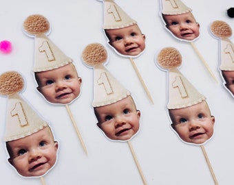 First birthday cupcake topper with photo, Cupcake topper with face picture, First birthday party, number 1 cake topper with custom picture