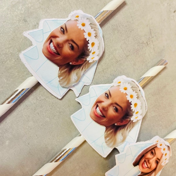 Personalised bridal photo straws, straws with picture for bride party, hen do party hat straw, girls weekend decor