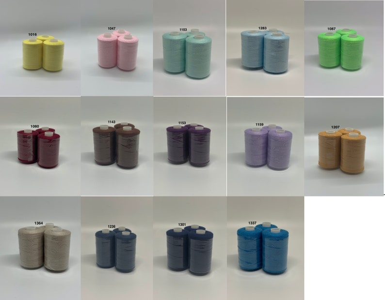 May include: A collection of 15 spools of thread in various colors, including yellow, pink, light blue, green, red, brown, purple, lavender, beige, navy blue, and teal. Each spool is labeled with a number.