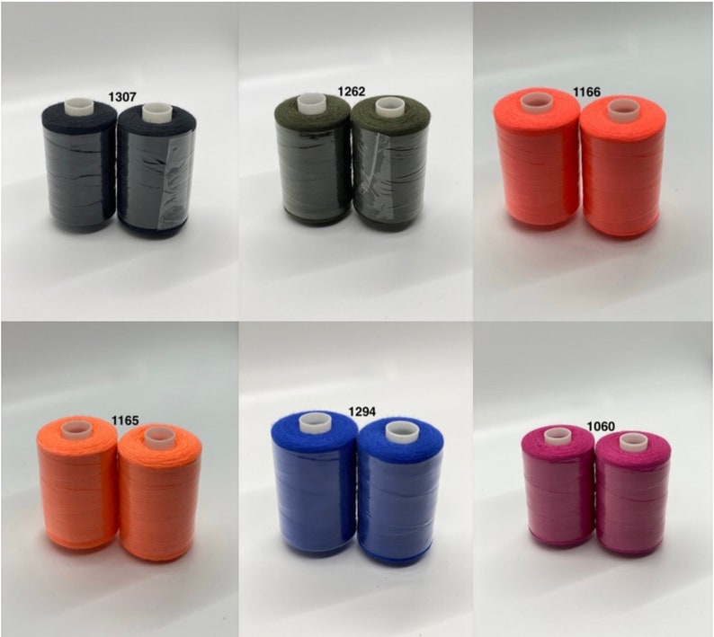 May include: Six spools of thread in various colors, including black, green, orange, blue, and pink. Each spool has a label with a number on it, such as 1307, 1262, 1166, 1165, 1294, and 1060.