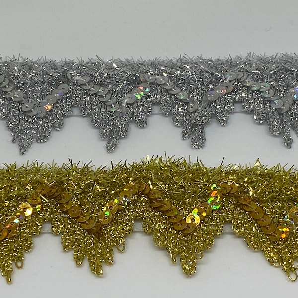 Decorative Metallic Sequins Trim - 1.5" - Per yard - Gold or Silver