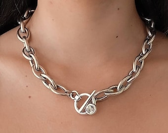 チャンキーネックレス、トグル留めのチャンキーシルバーネックレス、チャンキートグルネックレス、ユニークなシルバーネックレス