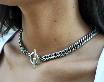 Silver chain choker, Chunky silver necklace