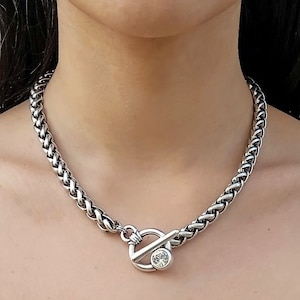 Chunky silver necklace with toggle clasp, Silver statement necklace, Silver chain necklace, Toggle necklace