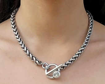 Chunky silver necklace with toggle clasp, Silver statement necklace