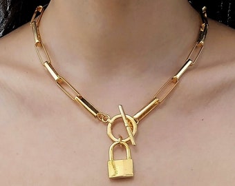 Gold lock necklace, Chunky lock necklace