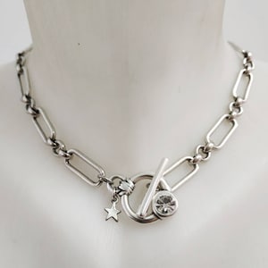 Silver chain necklace with a toggle clasp, Statement silver necklace