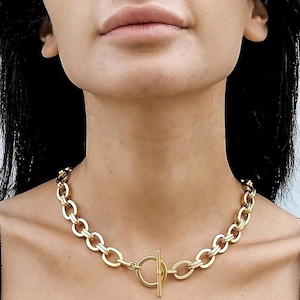 Gold chain necklace with toggle clasp, Toggle necklace, Gold toggle necklace, Gold necklace