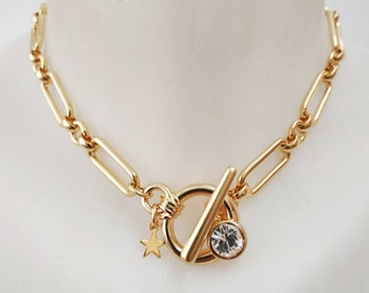 Gold chain necklace, Paperclip necklace, Toggle necklace