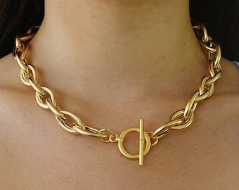 Gold statement necklace, Gold chain necklace, Gold chain choker, Gold toggle necklace