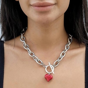 Chunky necklace, Silver necklace with toggle clasp and red heart pendant, Silver chain necklace, Toggle necklace