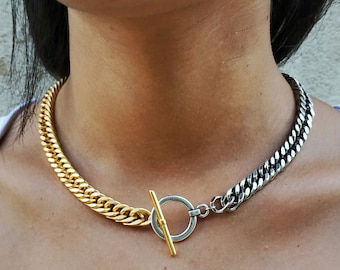Goudzilver mix toon gedraaide ketting choker ketting, mix toon ketting met kapittelsluiting