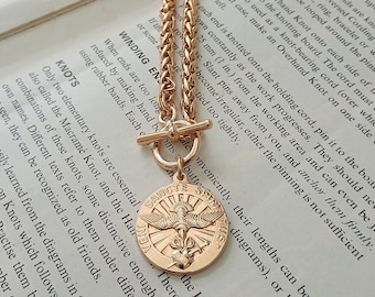 Coin necklace, Gold necklace with toggle clasp and coin pendant