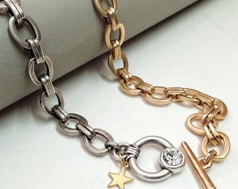 Chunky necklace for women, Chunky gold and silver neckalce with toggle clasp, Chunky two tone necklace