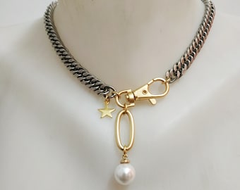 Collar de cadena de plata, collar de perla dorada, collar de metal mixto