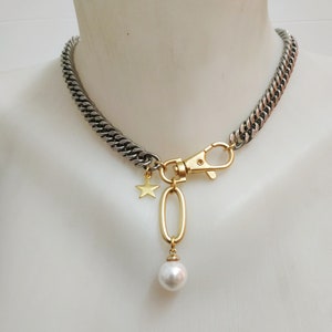 Silver chain necklace, Gold pearl drop necklace, Mixed metal necklace