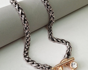 Mixed metal jewelry, Silver chain necklace with gold toggle clasp, Mixed gold and silver neckalce, Two tone chain necklace
