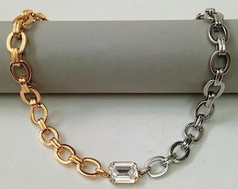 Mixed metal jewelry, Mixed gold and silver neckalce with crystal pendant, Mixed metal statement necklace, Two tone chain necklace