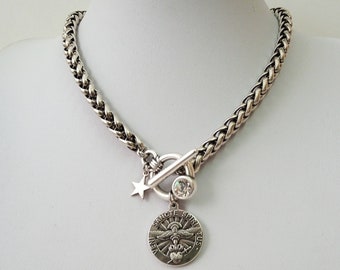 Coin necklace, Silver necklace with  toggle clasp and coin pendant