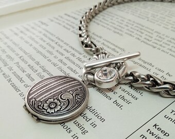 Silver locket necklace with toggle clasp, Statement locket necklace