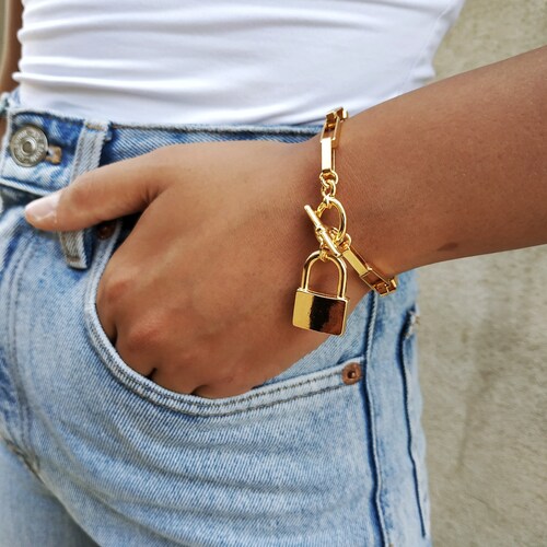Chunky 14k Gold Filled Lock Bracelet Charm Bracelet Gold Etsy