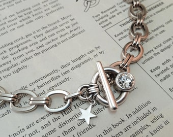 Silver statement necklace, Silver chain necklace with toggle clasp and star charm, Silver necklace, Silver toggle necklace
