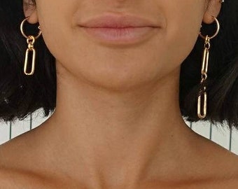 Long gold earrings, Asymmetric chain earrings