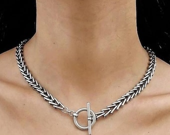 Silver chain necklace with toggle bar clasp, Oxidized silver choker