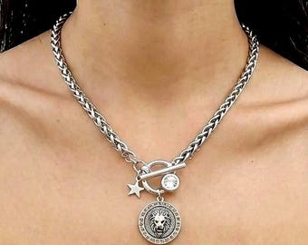Silver coin necklace with toggle clasp