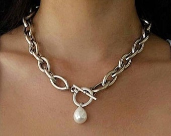 Chunky silver necklace with pearl drop