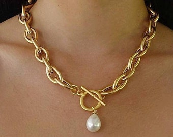 Gold pearl necklace, Gold chain necklace, Thick gold necklace