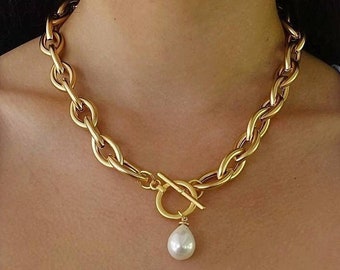 Gold necklace with pearl drop, Pearl drop necklace, Gold pearl necklace